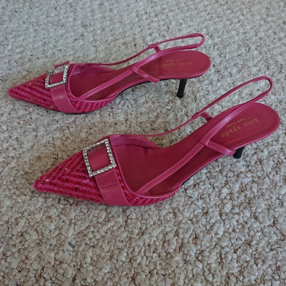 Kate Spade Lover slingback kitten pumps in pink herringbone tweed size 7
